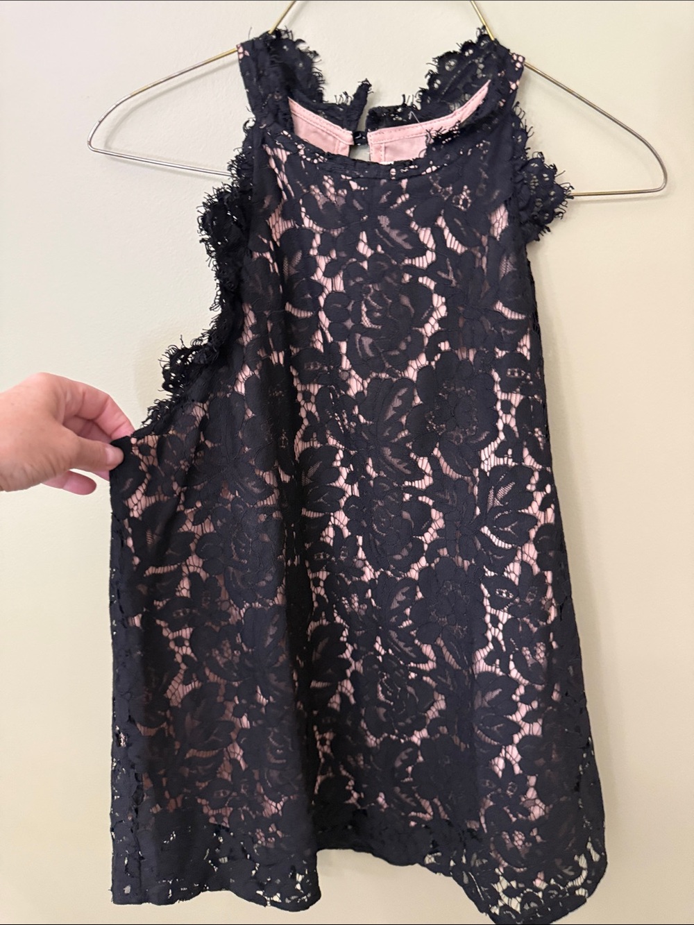 eesome Black Lace Overlay Dress with Pink Lining